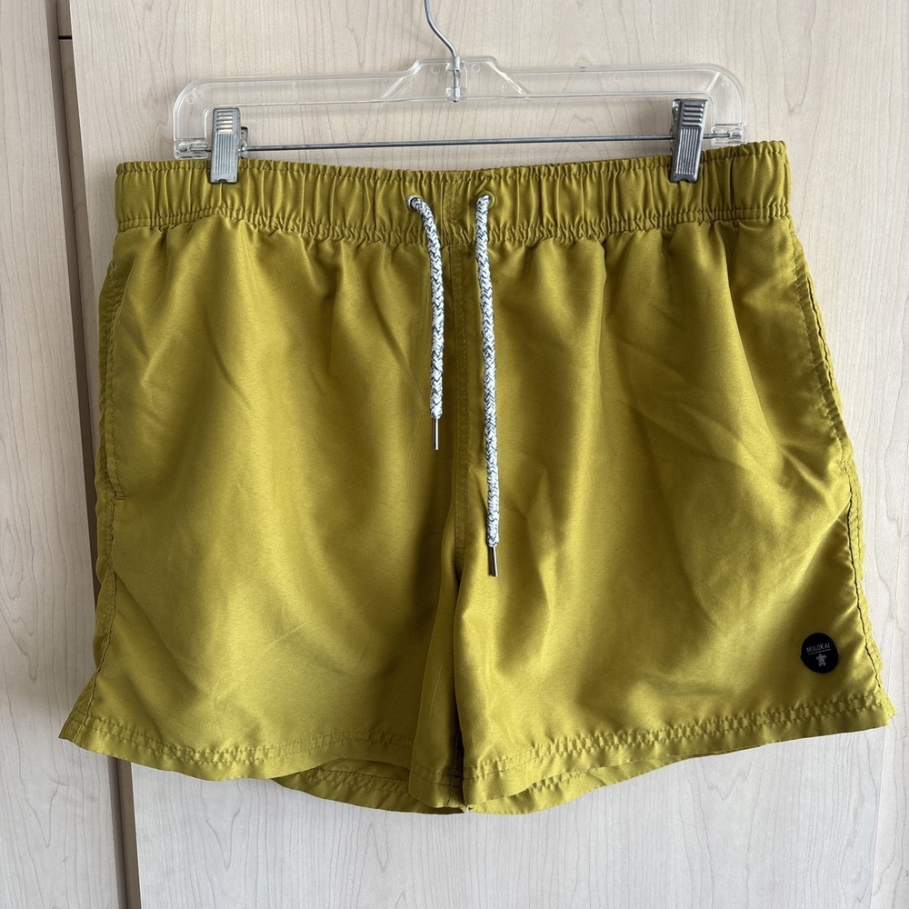 Molokai Mens Large Swim Trunks Quick Dry Elastic Waist Drawstring Yellow/Olive